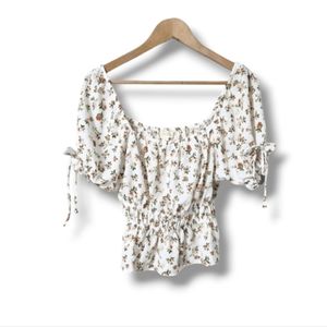 London Rose Floral Print Puff Sleeve Peplum Peasant Style Top | Medium